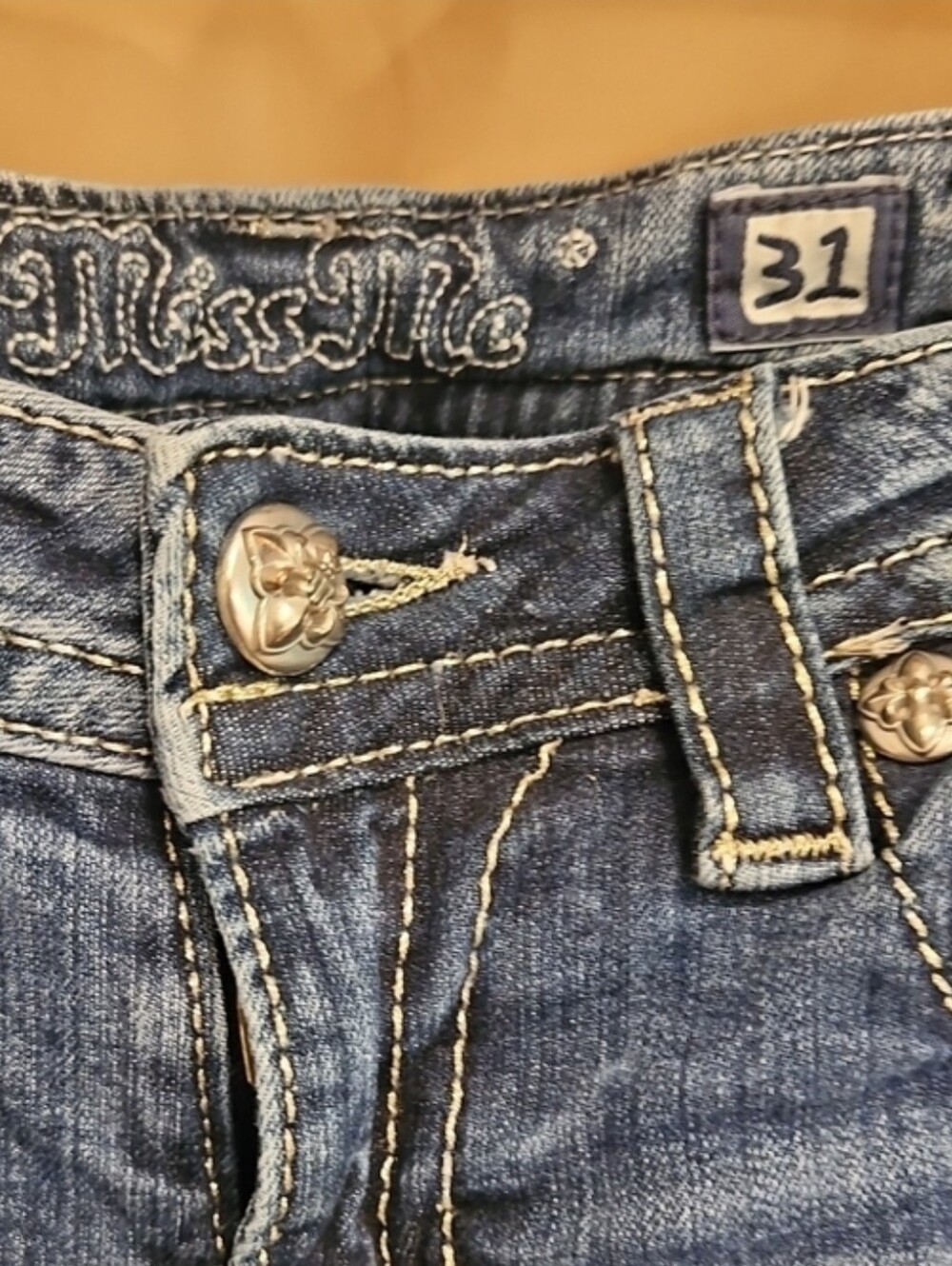 Miss Me Blue Bootcut Jeans with Sequin Floral Pocket Accents 32" Inseam - Picture 7 of 7